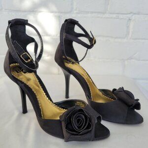 Brown's B2 Black Satin Prom Heels with Rosette Detail Size 7.5
